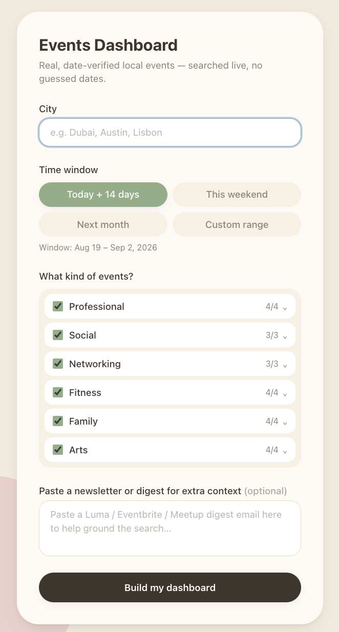 Eventlens app screenshot — city, time window, and category filters