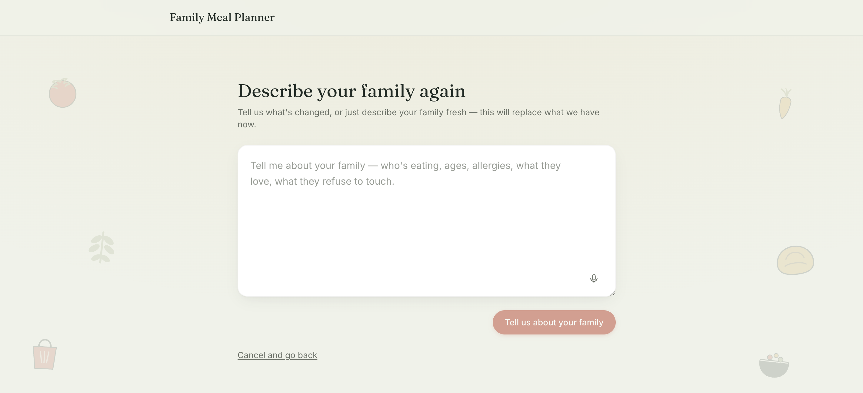 Mealboard app screenshot — describe your family input screen